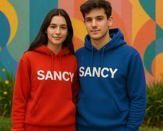 a man and woman in matching red and blue sweatshirts Manufactured By Sancy Exports