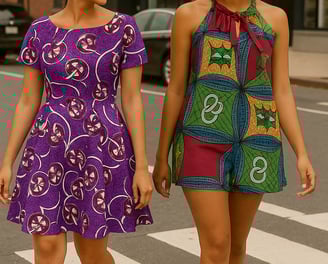 two women in African print dresses walking across a crosswalk in a city