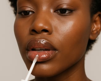 A black woman applying lip gloss