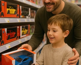 niño eligiendo un carro a control remoto en el supermercado