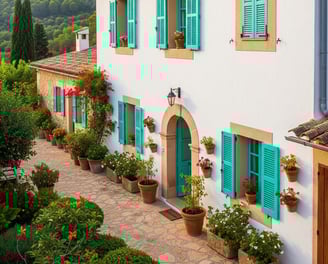 a house with green shutter shutters and blue shutters