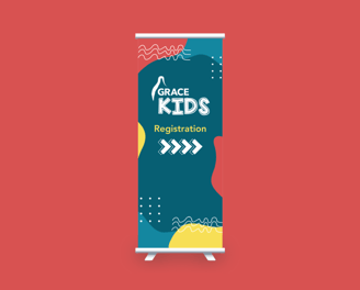 Grace Kids roll-up banner featuring a playful design with abstract shapes and bright colours.