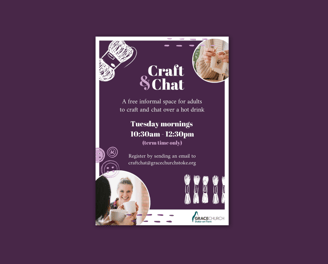 A poster promoting "Craft & Chat," with a dark purple background, white text