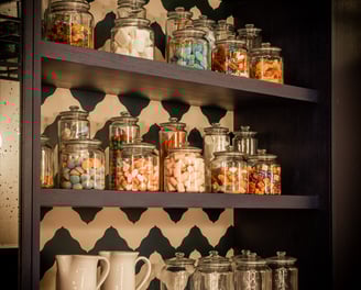 Candy shelf at Villa La Gratitud, with glass jars filled with colorful sweets and classic treats.