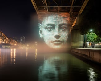 water mist projection, creating a hologram of a face from 19th century Brisbane, old and new, 3d