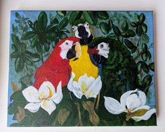 Three macaws in a magnolia tree small acrylic pet portraiture painting.