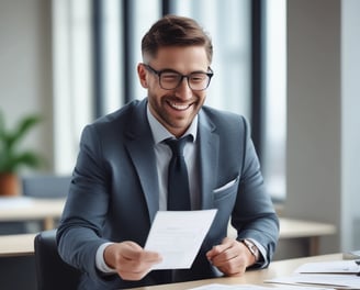 a man in a suit and tie smiling while holding a piece of paper