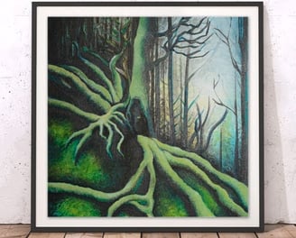 framed painting of a tree with long roots covered in moss