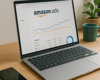 Laptop displaying Amazon PPC dashboard on a clean workspace.