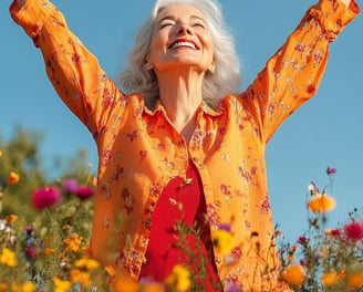 Mujer de entre 40-60 años levantando las manos al aire con expresión sonriente