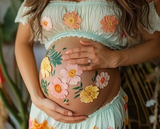 Mujer embarazada con flores de colores en el vientre