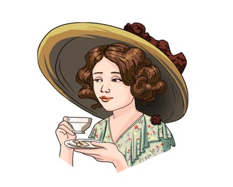 Elegant sketch, woman in hat, holding teacup, vintage style, watercolor