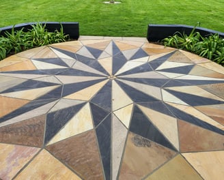 Sandstone paving with sleepers and agapanthus plants