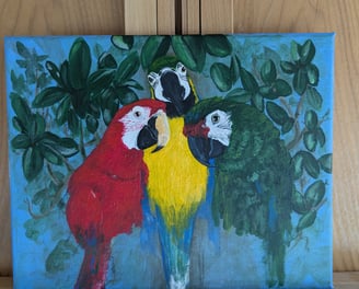 Progress photo of small canvas acrylic painting of three macaws.