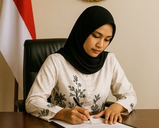 An Indonesian woman in a white batik blouse and black hijab writing on a document in an office, with