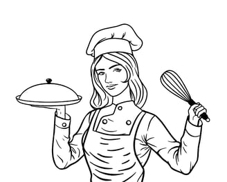 Black and white illustration, female chef, cooking, whisk, food service, culinary art