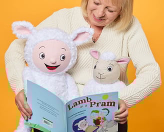 Carole Anne McKissock with Lamb in a Pram toys for book readings and author visits.
