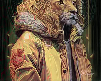 a lion with a yellow jacket and esoteric symbols in the background