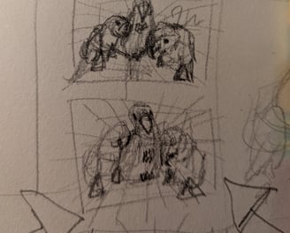 A page from an artist's sketchpad working out how a painting will be laid out as well as defining the subjects.