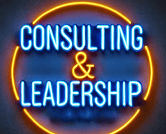 a neon - lit sign that says consulting and leadership