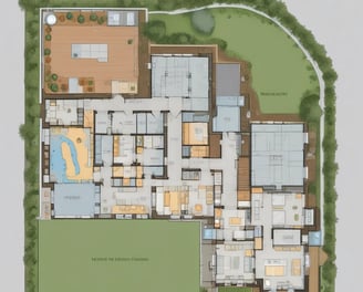 Architectural design with curved, overlapping structures set against a clear, blue sky. The building features a combination of smooth and textured surfaces, with distinct shadows cast by the sun.