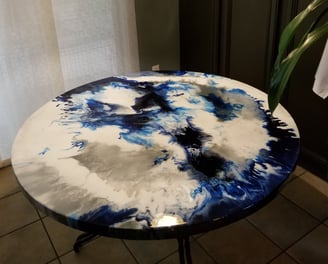 SOLD: Custom Cute Round Table with Stunning Blue and White Swirls.