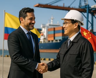 two men shaking hands in front of a large ship