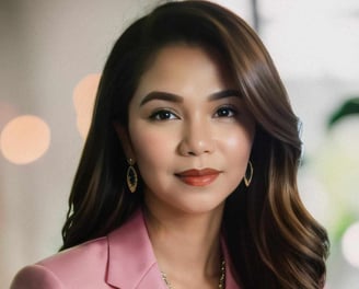 a woman in a pink suit and earrings