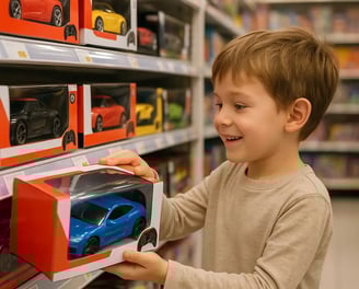 niño eligiendo un carro a control remoto en tienda