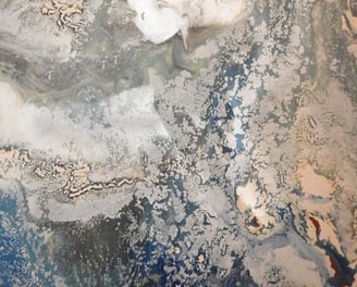 Girl in Wave is a 6-foot by 4-foot encaustic resin mixed media painting.