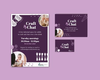 A collection of printed promotional materials for "Craft & Chat," featuring a deep purple background