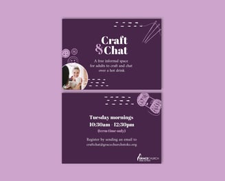 A double-sided leaflet for "Craft & Chat" with a dark purple background, white text.