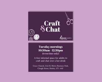 A set of business cards for "Craft & Chat" featuring a dark purple background with white text