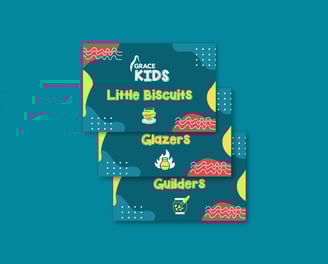 A3 posters for Grace Kids, each displaying a different group name with corresponding icons.