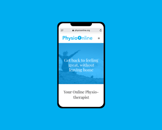 A mobile phone displaying the PhysioOnline website homepage on a blue background.