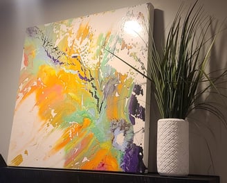 Citrus Vibe is a 4-foot by 4-foot mixed media painting