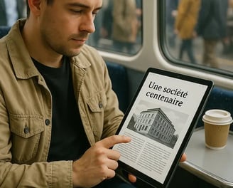 Homme dans un train sur une tablette avec l'histoire d'une société centenaire