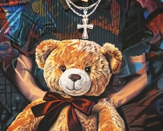 a painting of a woman with a teddy bear, in an underground style