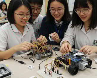 a group of students working on electronics