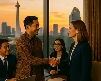 a man and woman shaking hands in a meeting room