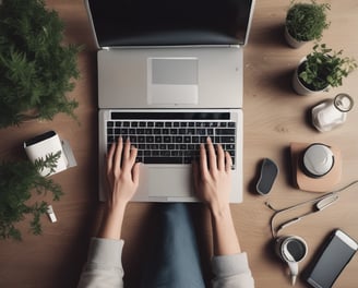 A person is typing on a black laptop placed on a wooden desk. Beside the laptop, there is a smartphone, a small potted plant, glasses, a notepad, and a business card holder. The screen displays circular graphics and text.
