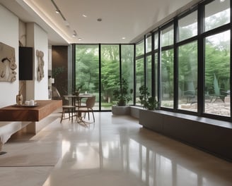 A modern architectural interior with large, curved glass panels and smooth, flowing walls. The design showcases a blend of metal, glass, and stone elements with natural light filtering through expansive windows. The space appears open and airy, with a focus on geometric and organic forms.
