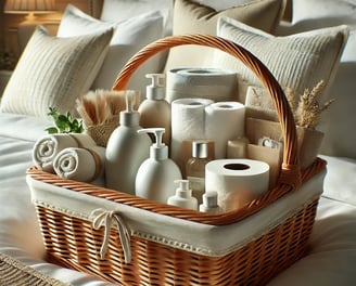 Panier contenant des produits d'accueil et consommables fournis aux voyageurs par Always Welcome.