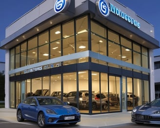 A car dealership building with clear signage for Volvo, Jaguar, and Land Rover brands. The structure features large glass windows and a metallic exterior, situated on a slightly elevated area with a clear, blue sky in the background.