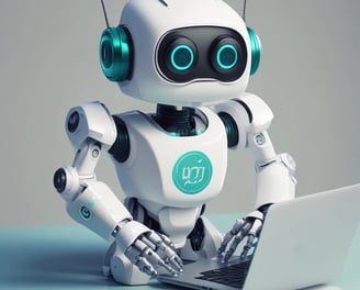 A small, white humanoid robot with  accents, including eyes, mouth, and a circular badge with the letters 'AI' on its chest, is positioned in front of a blue laptop on a metallic surface. The robot has a simple, smooth design with two cylindrical arms and a small antenna on top.