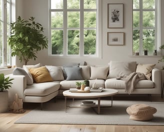 A minimalist arrangement of eco-friendly cleaning products including various bottles, containers, and packaging. The items are neatly placed on a soft beige fabric backdrop, emphasizing a sustainable and natural aesthetic.