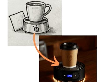 Image of a napkin sketch of a coffee warmer being turned into an actual product, a coffee warmer.