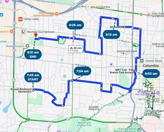 Map version of the table listing the route and times