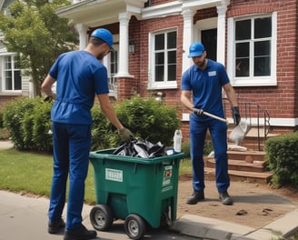 two men in blue uniforms are moving around a yard