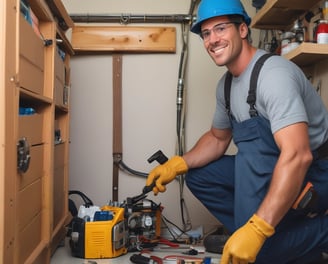 a man in a blue overalls and a helmet on